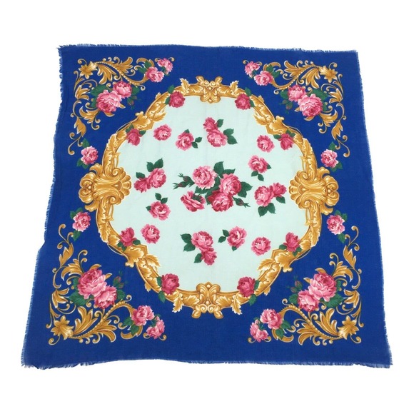 Vintage Victorian Floral Design Scarf Square Approx 30"×29" Pink Gold Blue Large - Picture 1 of 4